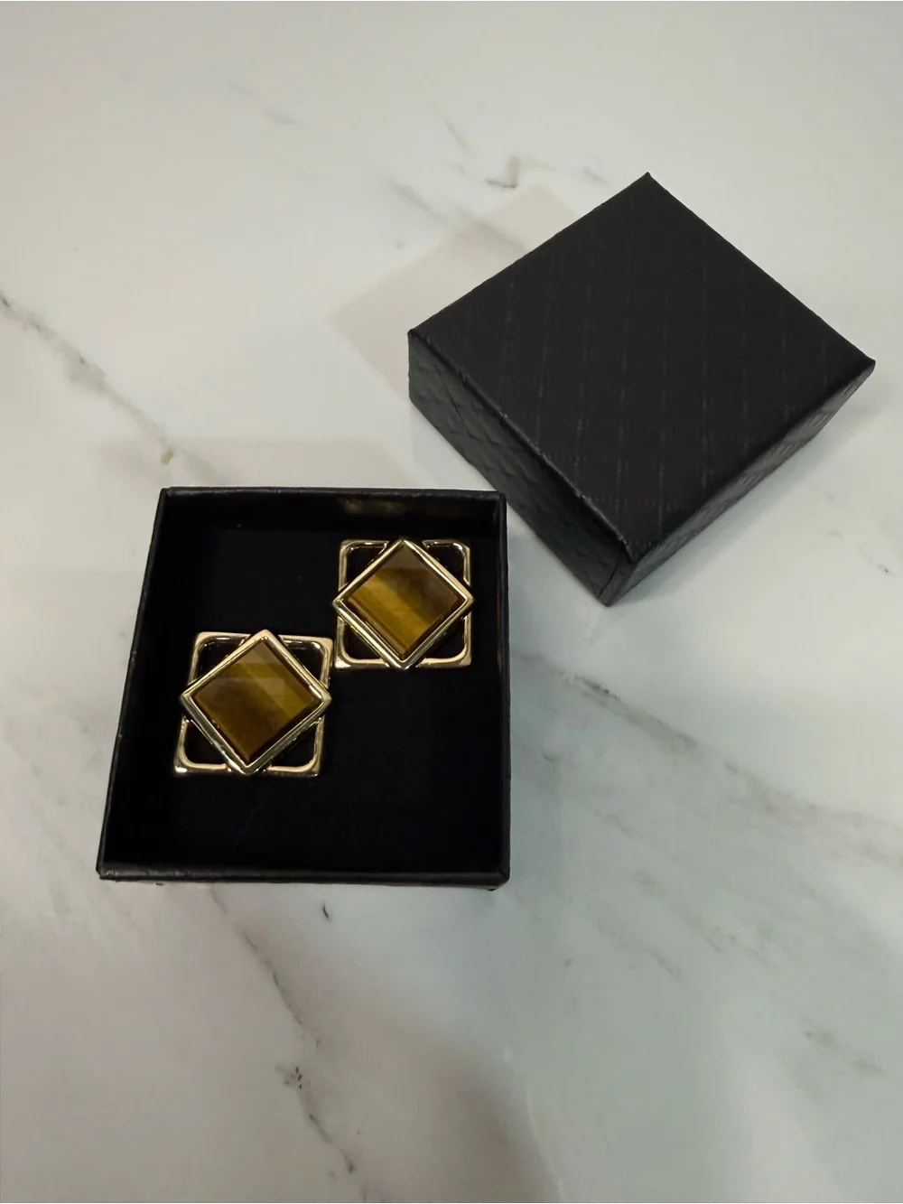 Gold Tone Tiger's Eye Square Cuff Links